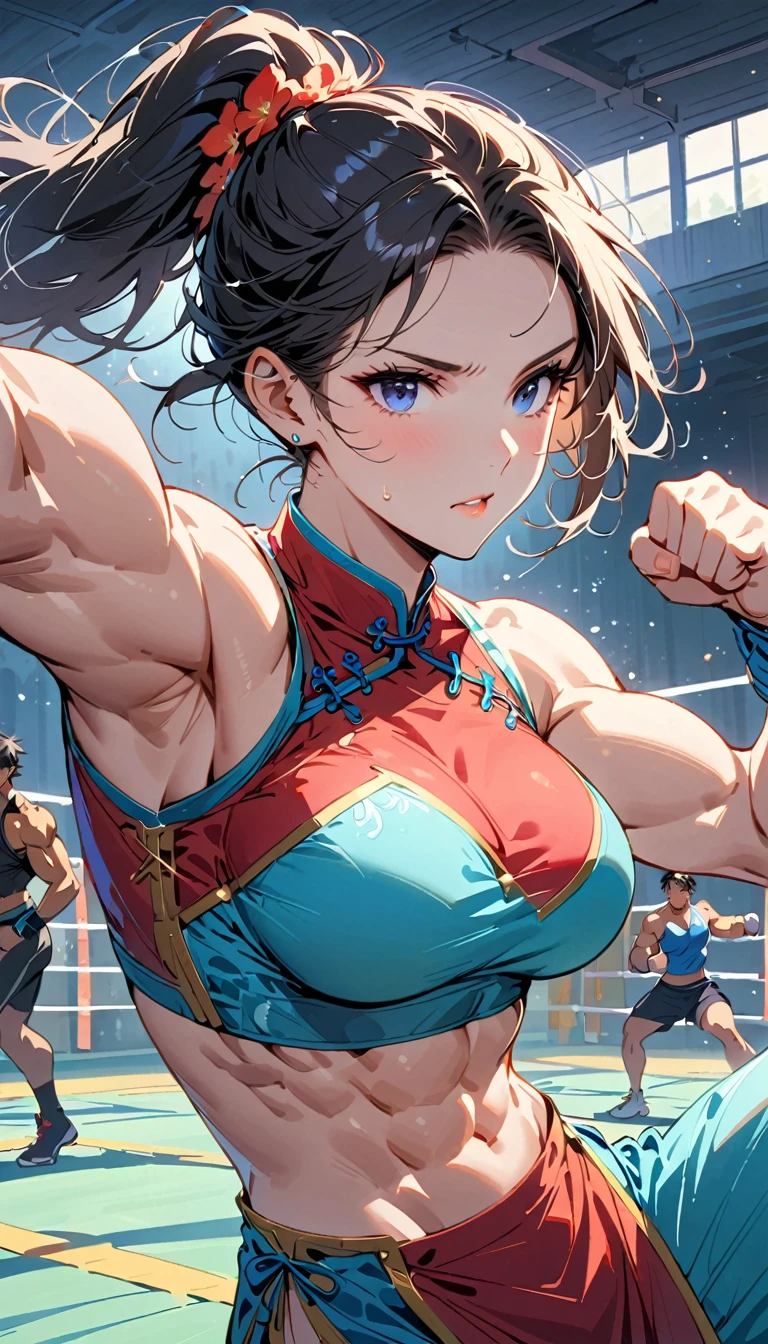 Boxing Match between muscular woman and doing a high kick, six pack, no men in background , Chinese dress crop top,  and leggings ,portrait, empty dojo background 