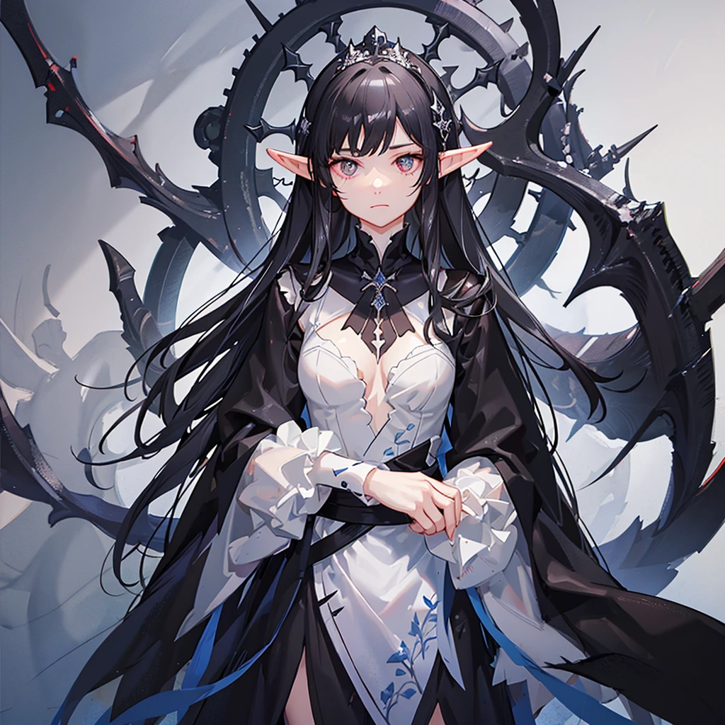 Girl with long black hair, one solid black eye with white vertically slit pupil and one solid white eye with black vertically slit pupil, elf ears