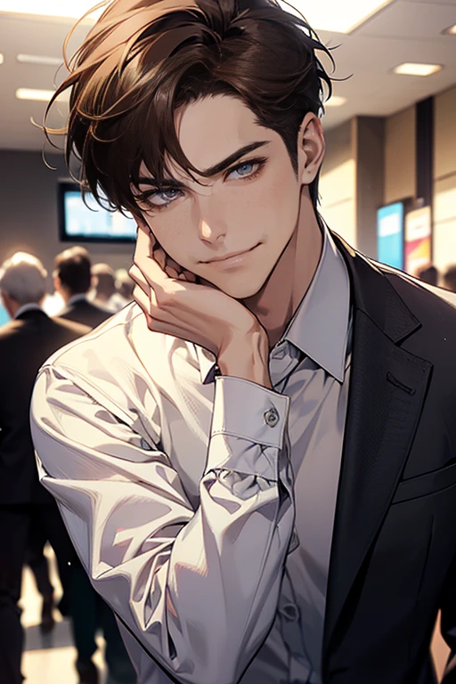 (tmasterpiece, high resolution, ultra - detailed:1.0), (1 male, masculine face, 31 years, CEO), Perfect male body, tall and strong, Adult male, Delicate eyes and delicate face, Extremely detailed CG, Unity 8k wallpaper, Complicated details, Detailed face, (short brown hair, short  hair, smile in love faces, blur eyes, white shirts,), (frown, smile in love:1.3), stad in corporativo, empresa, escritório style, color difference, Depth of field, dramatic shadow, Ray tracing, Best quality, Cinematic lighting, offcial art,Portrait