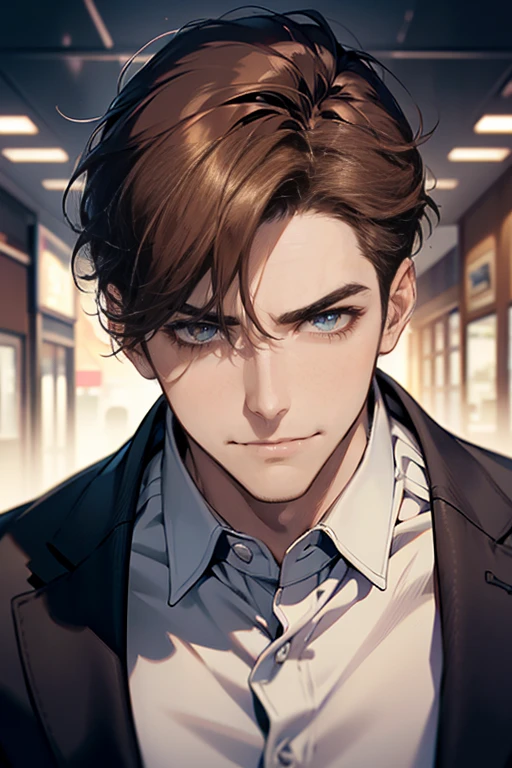 (tmasterpiece, high resolution, ultra - detailed:1.0), (1 male, masculine face, 31 years, CEO), Perfect male body, tall and strong, Adult male, Delicate eyes and delicate face, Extremely detailed CG, Unity 8k wallpaper, Complicated details, Detailed face, (short brown hair, short hair, smile in love faces, blur eyes, white shirts,), (frown, smile in love:1.3), stad in corporativo, empresa, escritório style, color difference, Depth of field, dramatic shadow, Ray tracing, Best quality, Cinematic lighting, offcial art,Portrait