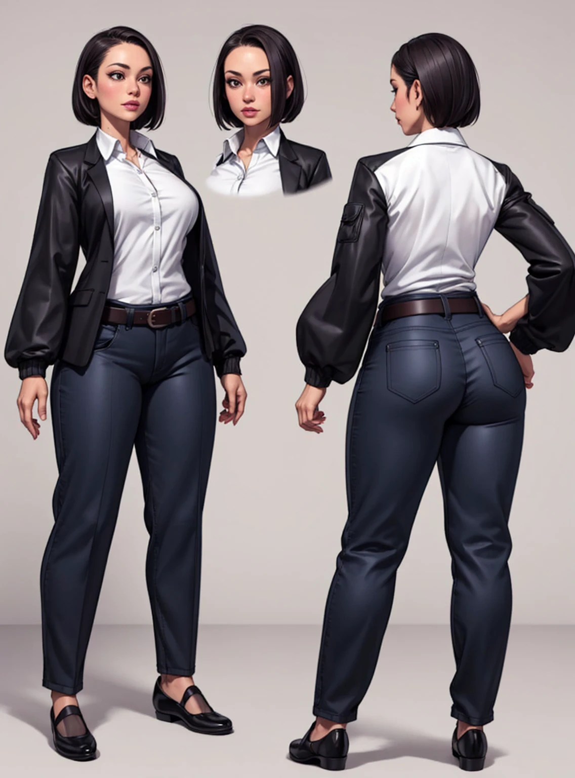 digital art, highly detailed, reference sheet in multiple angles, standing pose, feminine features, mature woman, adult female, whole body, bald, form-fitting, jacket, office shirt, sleeves folded up to mid-arm, belt, long pants, flat shoes, 1woman, solo, upper body, lower body, ((Extremely Detailed)), ((Best Quality)), ((Masterpiece)), ((4k)).