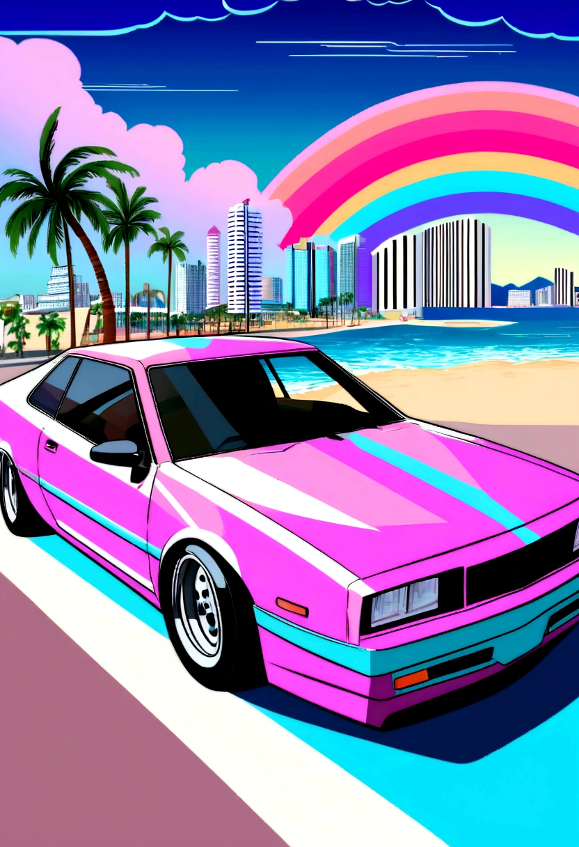 a design with a car and a beach scene, overcome the artistic style, art deco surpasses aesthetic anime, racing style and colours, racing style, the 80s above, gta vice city art style, retro 9 0s japanese, Vaporwave cartoon, gta art style, nostalgia for the wave of vapor, hip hop vaporwave, vaporwave style