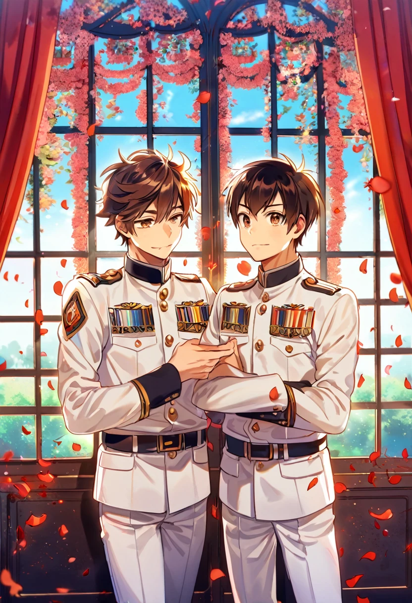 nonsense, height, Very detailed, HDR, Masterpiece, best quality, Sawamura Eijun and Miyuki Kazuya, 2 people together, Gay Couple, handsome, brown hair, medium-length brown hair messy and windswept, expressive brown eyes, Diamond has no aces., window, red curtains, petals, uniform