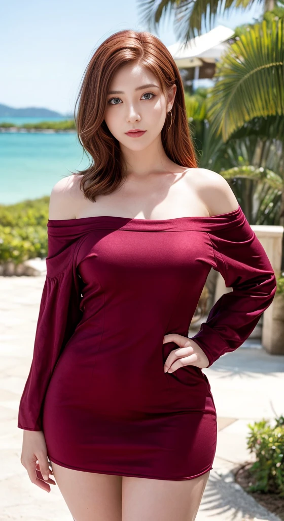 Claire Redfield from Resident Evil, posing seductively to viewer, solo:1, pov, beautiful thick thighs, realistic hands, standing
Sunny resort background, long auburn hair, 3/4 body, off-shoulder buttoned dress