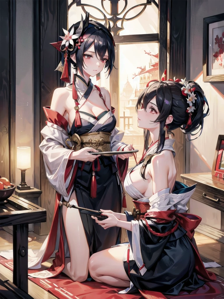 absurdres, RAW photo, extremely delicate and beautiful, masterpiece, Best Quality, ultra high resolution, 32k, hyperrealistic, ultra-detailed, delicate facial features, beautiful detailed woman, tearful mole, earring, medium breasts, full body shot, medium hair, black hair, wavy hair, inside shrine, red-black costume, Onmyoji, nobushi,