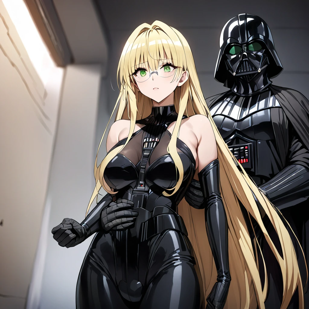 ((Highest quality)), ((masterpiece)), (detailed), （Perfect Face）、The woman is a female Darth Vader named Tiare, with green eyes, medium-long blonde hair, and is wearing a Darth Vader costume.、The woman is standing next to Darth Vader and is being held by him.