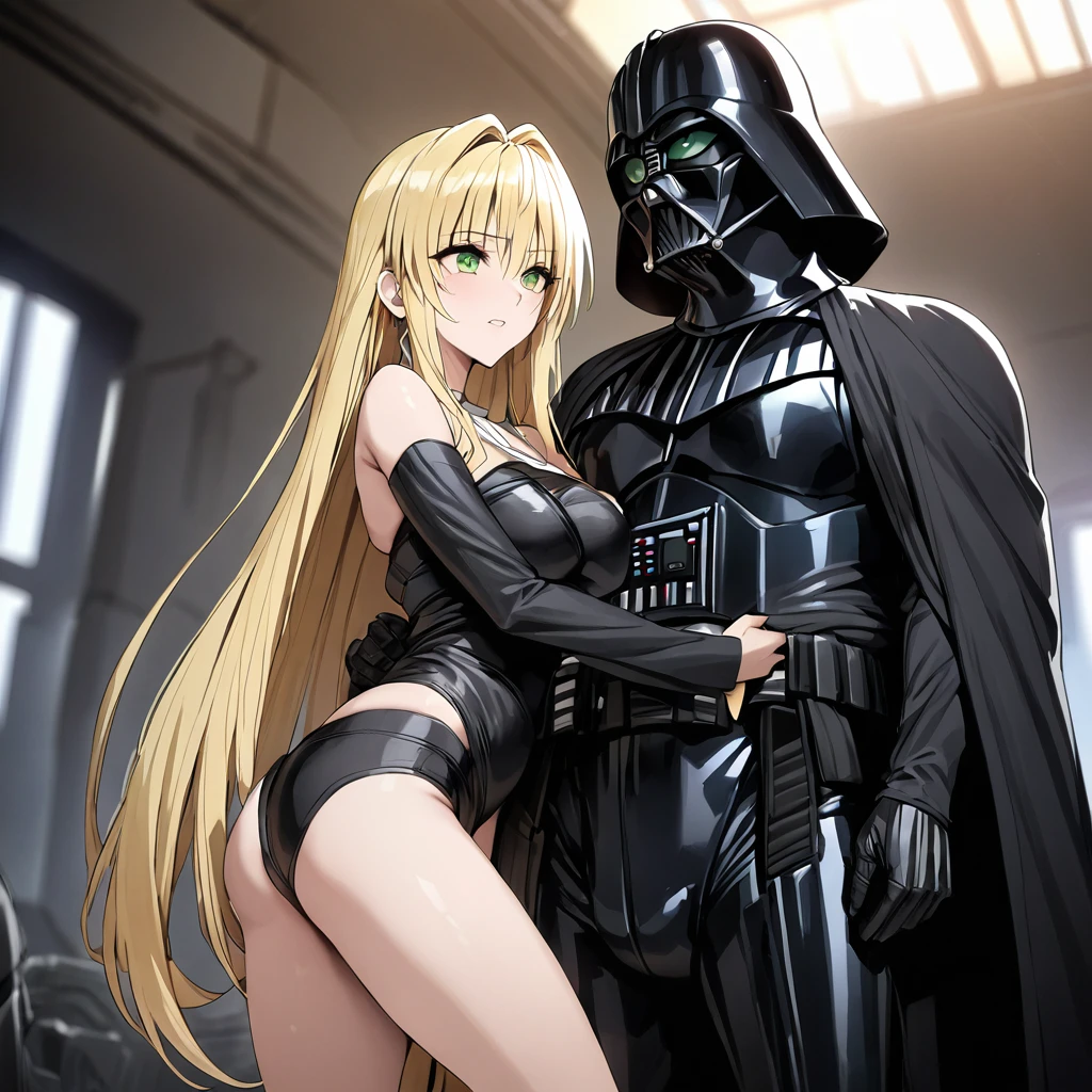 ((Highest quality)), ((masterpiece)), (detailed), (Perfect Face)、The woman is a female Darth Vader named Tiare, with green eyes, medium-long blonde hair, and is wearing a Darth Vader costume.、The woman is standing next to Darth Vader and is being held by him.