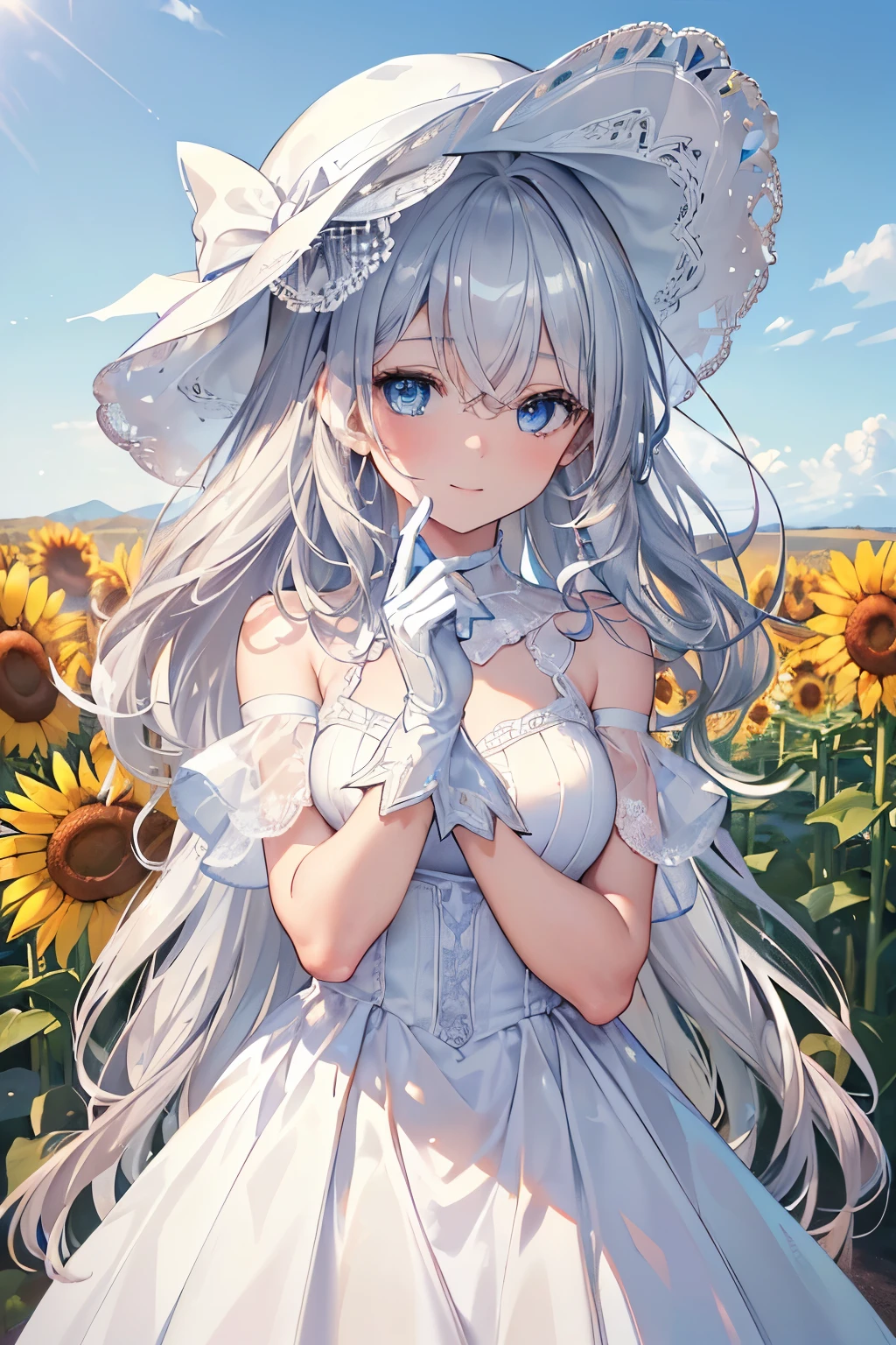 (Best quality,4K,8K,High resolution,Masterpiece:1.2),Super detailed,(Actual, Realistic),
break,
((Beautiful clear blue eyes:1.2)),
break,
((Beautiful and shiny silver hair:1.3)),natural wavy hair,shy smile,
break,
(white dress and hat:1.3),
break,
sunflower field,((bust shot)),((zoom in)),lace gloves