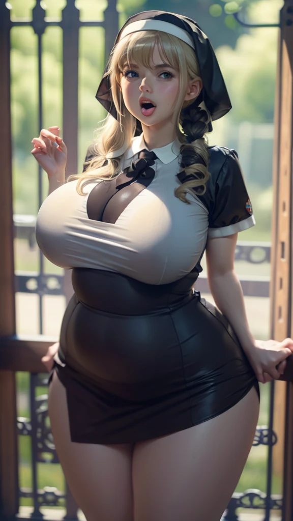 Standing, Big Breasts, Plump, Beautiful Face, Thick Body, Blonde, Blue Eyes, Sticking Out Tongue, Opening Mouth, Masterpiece, Super Mass, 4K Quality, High Detail, Nuns, Sweaty, Wet Clothes, Mom, 1 Girl, Hair Knot, Black Hair, , Nude, Big , Nipples, cum, , Big Black Balloon, Background School gate