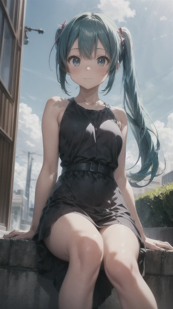 Makoto Shinkai-style background。
The beauty of nature under a clear blue sky。
Hatsune Miku is sitting in the distance。
She is wearing a white one-piece dress。
A girl who looks like a Minato Ward girl。