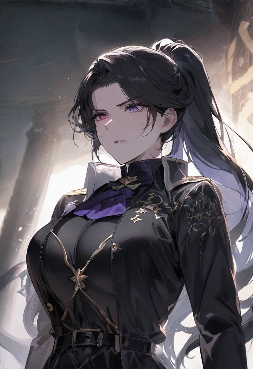 Tall mature woman, indifferent cold expression, heterochromia, purple and pale red eyes, black hair gathered in a high ponytail, open bodysuit outfit, marshal's uniform, belts, white and black clothes, goddess, divine light, pale complexion, goddess, dragon horns and tail