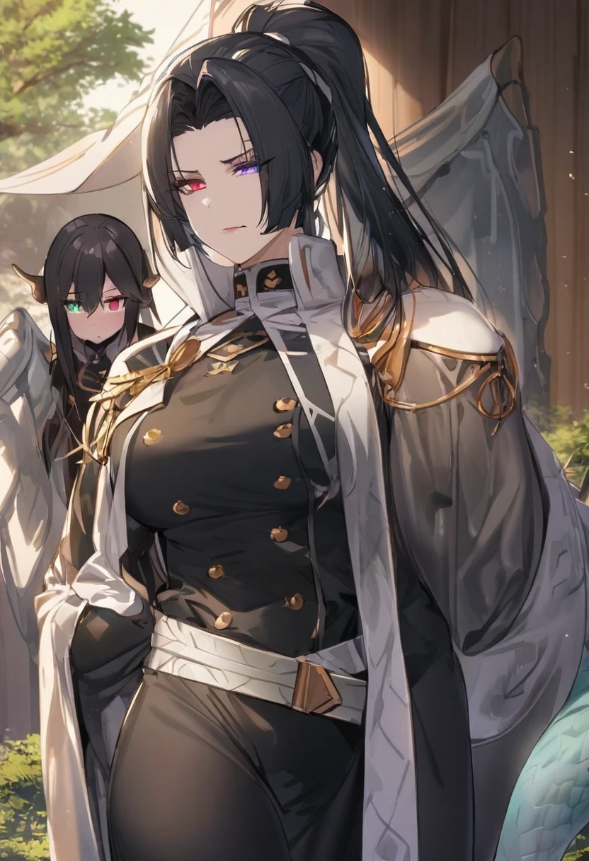 Tall mature woman, indifferent cold expression, heterochromia, purple and pale red eyes, black hair gathered in a high ponytail, open bodysuit outfit, marshal's uniform, belts, white and black clothes, goddess, divine light, pale complexion, goddess, dragon horns and tail