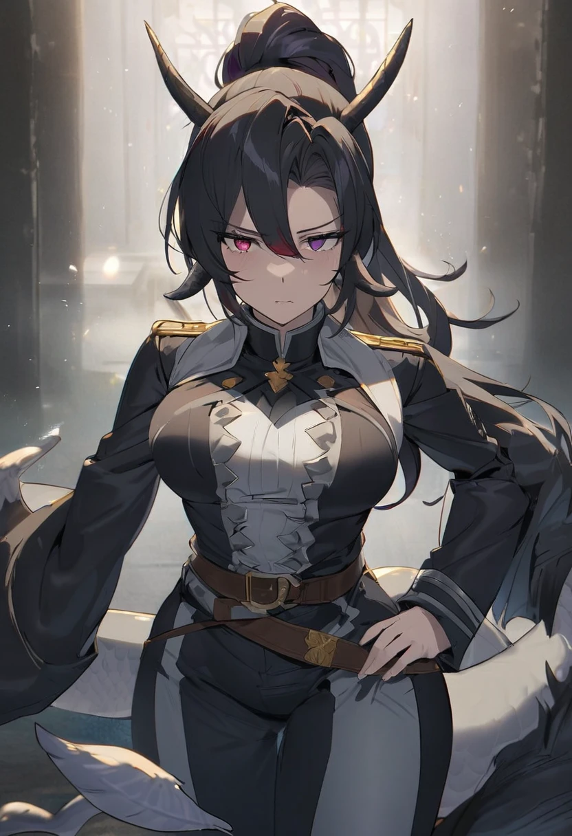 Tall mature woman, indifferent cold expression, heterochromia, purple and pale red eyes, black hair gathered in a high ponytail, open bodysuit outfit, marshal's uniform, belts, white and black clothes, goddess, divine light, pale complexion, goddess, dragon horns and tail