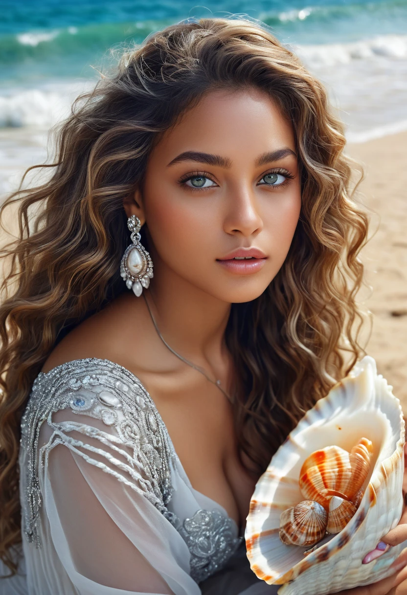 8k,beautiful mixed girl, long wavy hair, extremely detailed sexy, beautiful detailed clear grey eyes, sitting in a big Shell jewelry, shell, vibrant colors,best quality,4k,8k,highres,masterpiece:1.2),ultra-detailed, fond blanc (realistic,photorealistic,photo-realistic:1.37),portrait,landscape