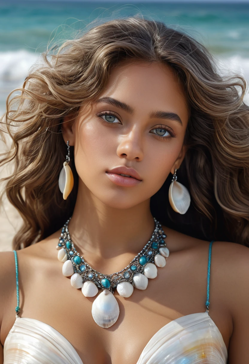 8k,beautiful mixed girl, long wavy hair, extremely detailed sexy, beautiful detailed clear grey eyes, sitting in a big Shell jewelry, shell, vibrant colors,best quality,4k,8k,highres,masterpiece:1.2),ultra-detailed, fond blanc (realistic,photorealistic,photo-realistic:1.37),portrait,landscape