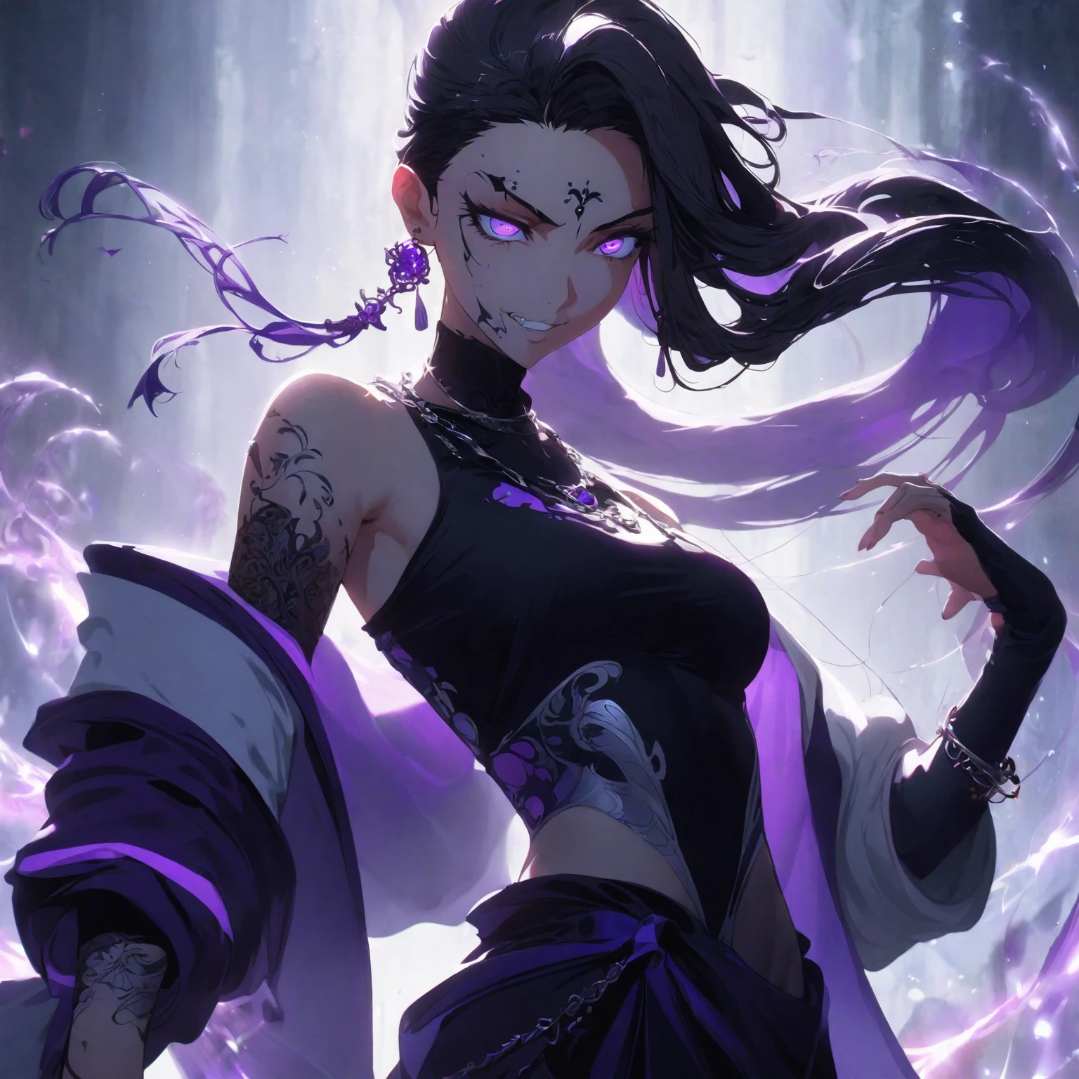 a woman with an athletic and agile physique, sharp facial features including a strong jawline and piercing eyes reflecting wisdom and intensity, long flowing hair with streaks of purple intertwined, dressed in a mix of modern and mystical attire blending dark colors with accents of purple, (nude:0.8) adorned with minimalistic yet significant accessories such as a necklace or bracelet with a small, intricate chain design. Pose her dynamically and confidently, conveying readiness for action while maintaining a natural appearance that suits her character. Express her with a conniving/scheming facial expression featuring narrowed, slanted eyes, a smirk or sly grin, and arched eyebrows. Set the scene in a dimly lit, mystical environment with wisps of energy swirling around her, hinting at her ability to manipulate souls with faint soul energies subtly depicted in the air. Illuminate softly to emphasize reflective surfaces of her attire and the glow of her eyes, overall evoking a sense of mystery and power, showcasing her as a formidable yet enigmatic woman deeply connected to the spiritual realm., detailed gorgeous face| anime style| key visual| intricate detail| highly detailed| breathtaking| vibrant| panoramic| cinematic| Carne Griffiths| Conrad Roset| gibbli 8k
