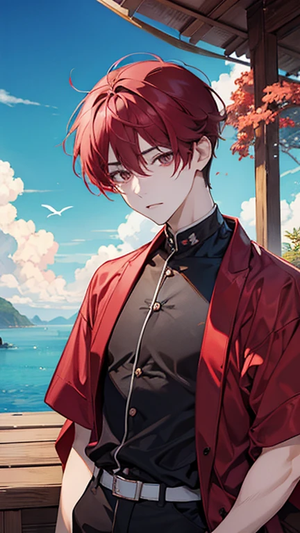 high resolution、Japanese men、Red color hair、Two-block hairstyle、Small face、The eyebrows are thin、Wearing sunglassean in his 40s、Handsome、Cool guy、Ocean、Beautiful skin、Sunburn