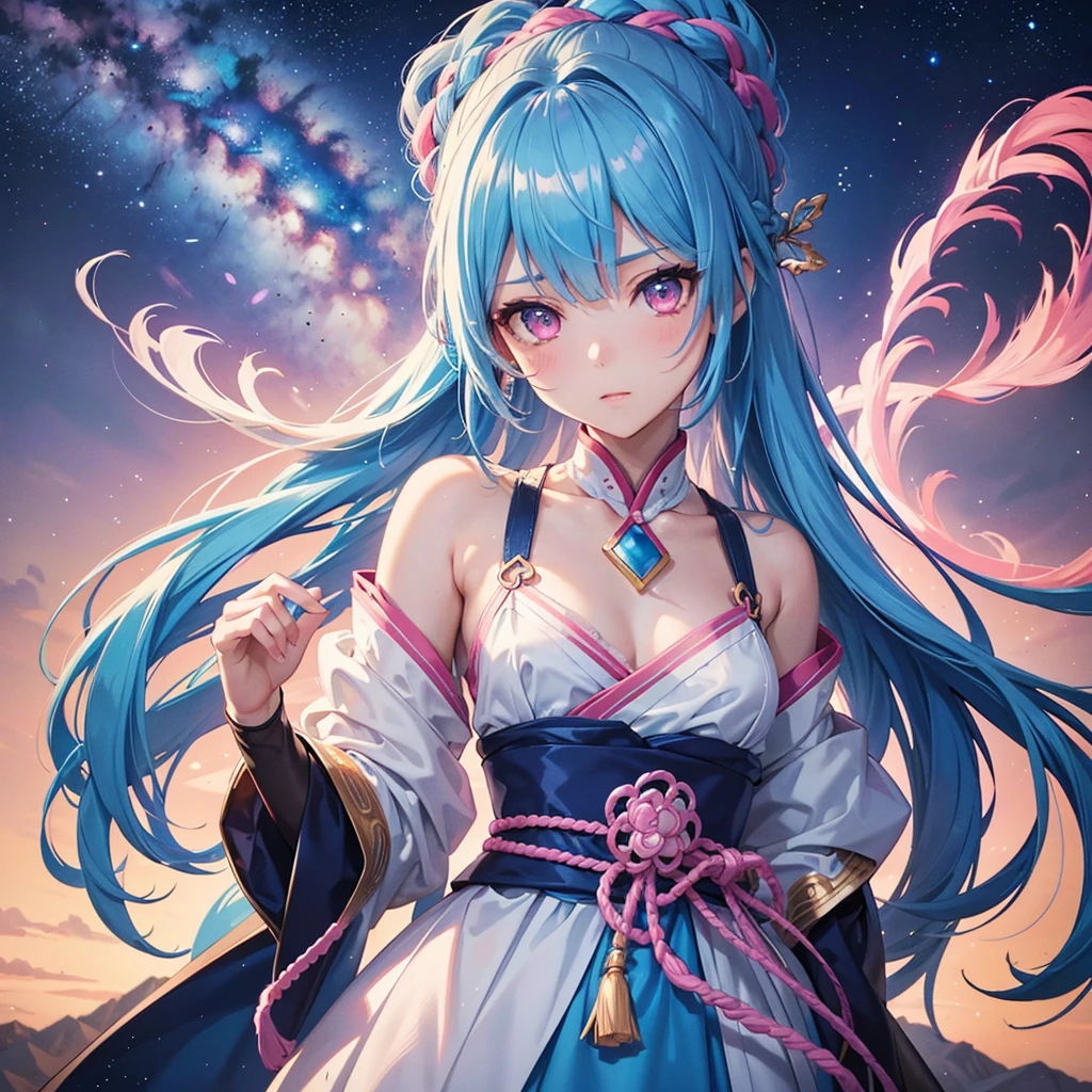 Sky blue hair, Braided Ponytail,(Pink Eyes),Fair skin ,(whole body),(One girl),Hanfu,The goddess,Tanabata,(A beautiful Milky Way in the night sky),Hollow Eyes,Straight bangs,(masterpiece, Highest quality, Very detailed, Best Shadow), (Detailed Background), (Beautifully detailed face), High Contrast, (Best lighting, Very delicate and beautiful), ((Cinematic Light)), colorful, Hyper Detail, Dramatic Light, Intricate details,