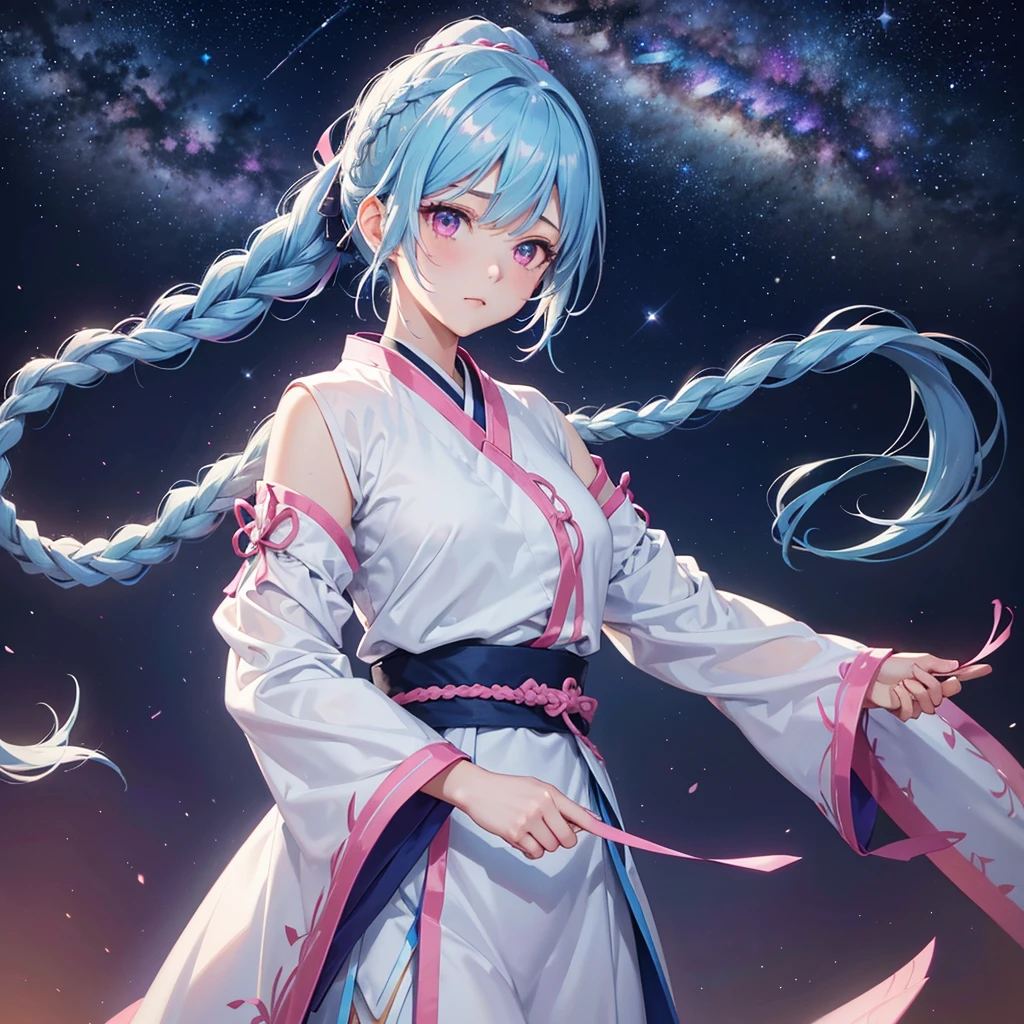Sky blue hair, Braided Ponytail,(Pink Eyes),Fair skin ,(whole body),(One girl),Hanfu,The goddess,Tanabata,(A beautiful Milky Way in the night sky),Hollow Eyes,Straight bangs,(masterpiece, Highest quality, Very detailed, Best Shadow), (Detailed Background), (Beautifully detailed face), High Contrast, (Best lighting, Very delicate and beautiful), ((Cinematic Light)), colorful, Hyper Detail, Dramatic Light, Intricate details,