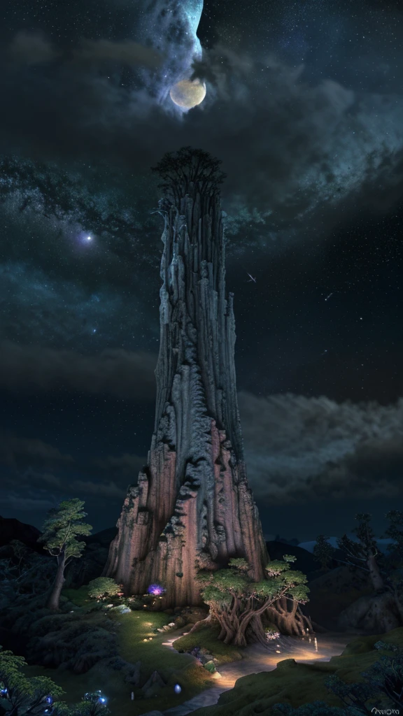 Highly detailed video game level design, fantasy planet landscape, moon, clouds, stars, planets, waterfalls, nebulae, mystical, light pillars, ancient redwood trees on an island, #ff5500, #ff008c, #13ecb7, trending on artstation, beautiful, tonemapping, fantasy art, digital painting, hyperrealism, hyperdetailed, landscape, photorealistic, radiant, vibrant, , abandoned ship, has a mountain in the background, full shot