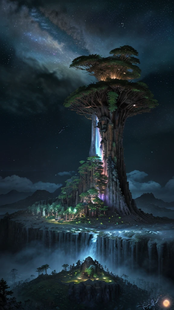 Highly detailed video game level design, fantasy planet landscape, moon, clouds, stars, planets, waterfalls, nebulae, mystical, light pillars, ancient redwood trees on an island, #ff5500, #ff008c, #13ecb7, trending on artstation, beautiful, tonemapping, fantasy art, digital painting, hyperrealism, hyperdetailed, landscape, photorealistic, radiant, vibrant, , abandoned ship, has a mountain in the background, full shot