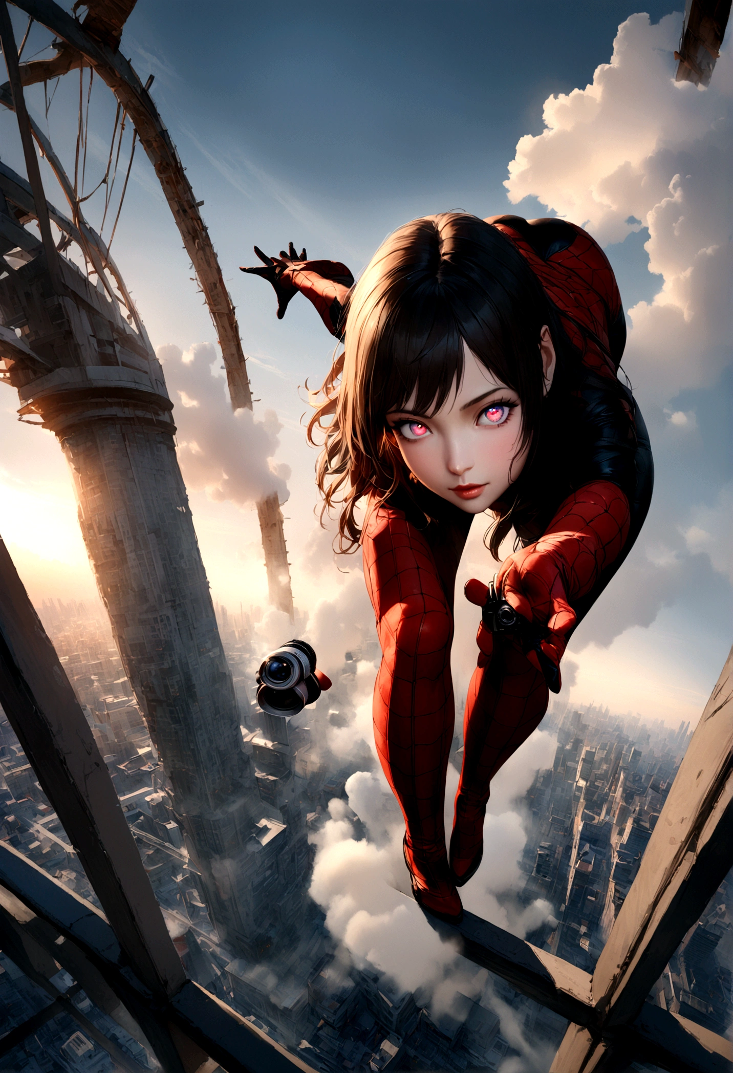 (1girl:1.3), Solo, (((Very detailed face)))), ((Very detailed eyes and face)))), Beautiful detail eyes, Body parts__, Official art, Unified 8k wallpaper, Super detailed, beautiful and beautiful, beautiful, masterpiece, best quality, original, masterpiece, super fine photo, best quality, super high resolution, realistic realism, sunlight, full body portrait, amazing beauty, dynamic pose, delicate face, vibrant eyes, (from the front), She wears Spider-Man suit, red and black color scheme, spider, very detailed city roof background, rooftop, overlooking the city, detailed face, detailed complex busy background, messy, gorgeous, milky white, highly detailed skin, realistic skin details, visible pores, clear focus, volumetric fog, 8k uhd, DSLR, high quality, film grain, fair skin, photo realism, lomography, futuristic dystopian megalopolis, translucent