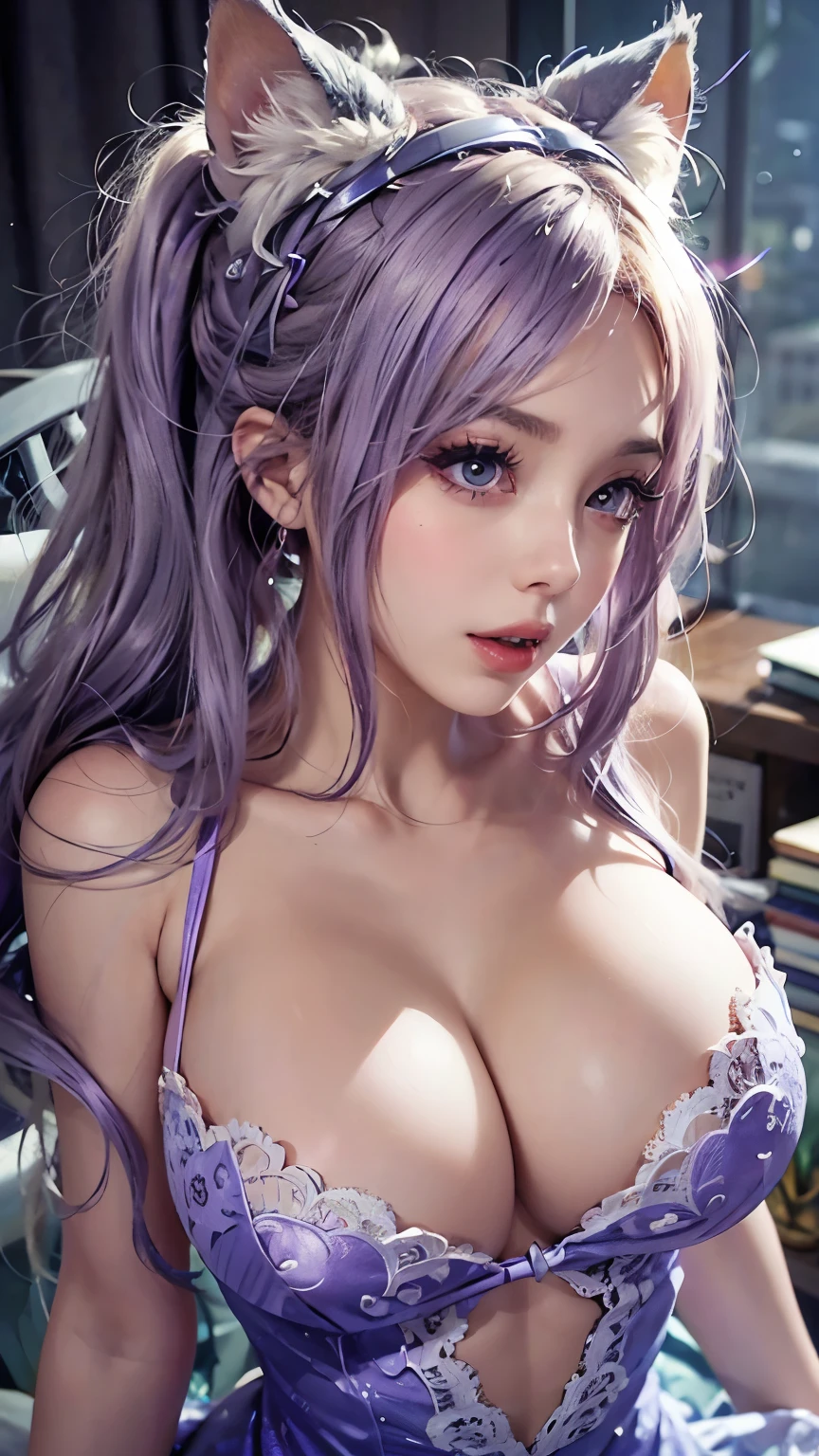 a woman with purple hair and a cat ears, jessica nigri, ahegao, belle delphine, jessica nigri face!!, amouranth, angelawhite, better known as amouranth, ahegao face, seraphine ahri kda, lilac, ava max, , soft purple glow, violet myers, big boobies, boobies on focus