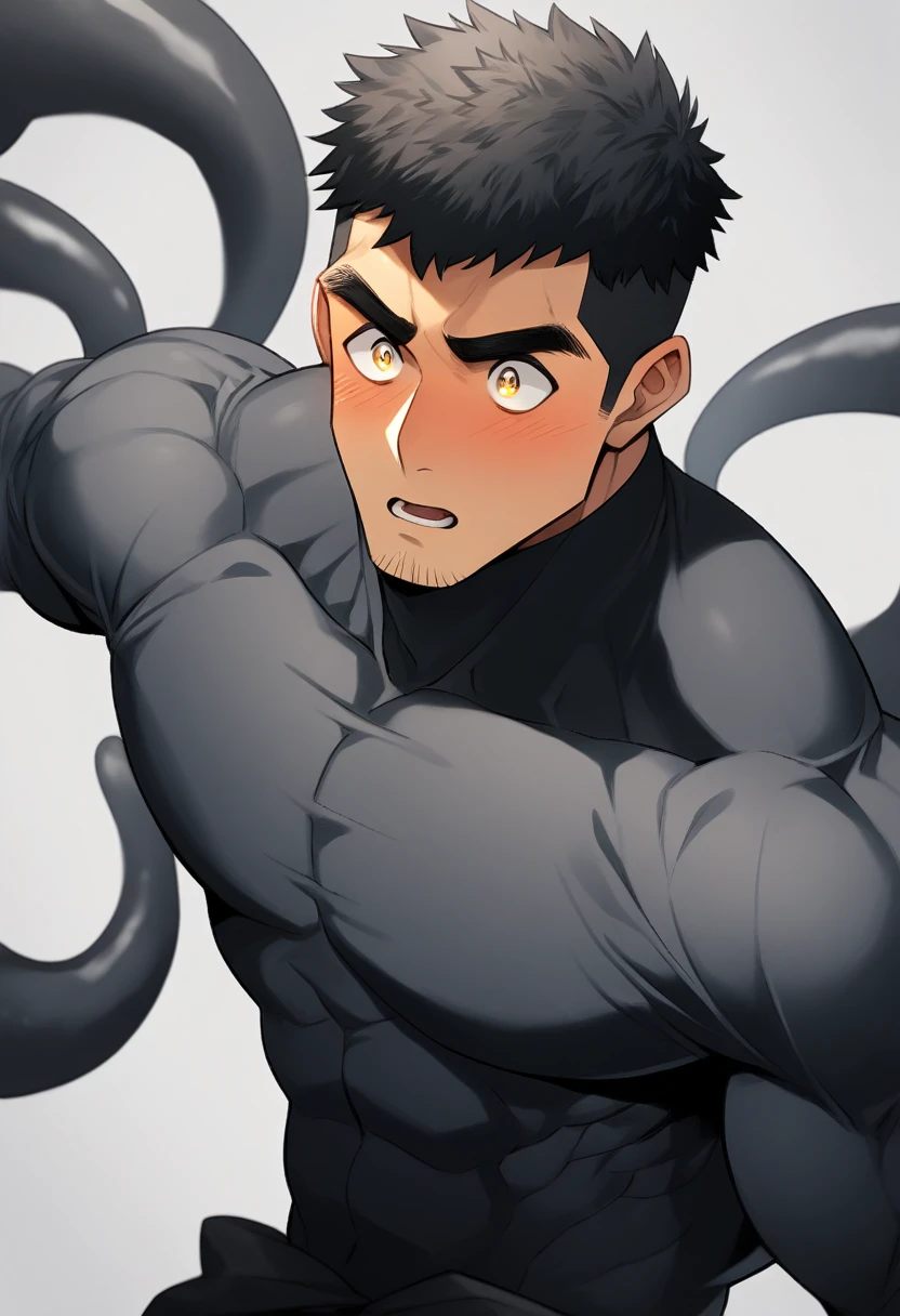 anime characters：Superhero in tights, negro black skin, He was entangled by a large number of thick black tentacles, Very stout, Lots of mucus, Wrap around the neck, Wrap around the waist, Tightly tied, Manliness, male focus, Yellow and black high collar long sleeve tight T-shirt, Slightly transparent material, Very tight, Round, full and perky chest muscles, Male dog waist, Slightly transparent, muscular male, muscular, only, Upper body, alone, Black short hair, Thick eyebrows, stubble, Yellow eyes, Grey background, simple background, amazing quality, best aesthetics, Ridiculous, bright pupils, crew cut, parted lips, blush, open mouth, scared, drop shadow, best quality