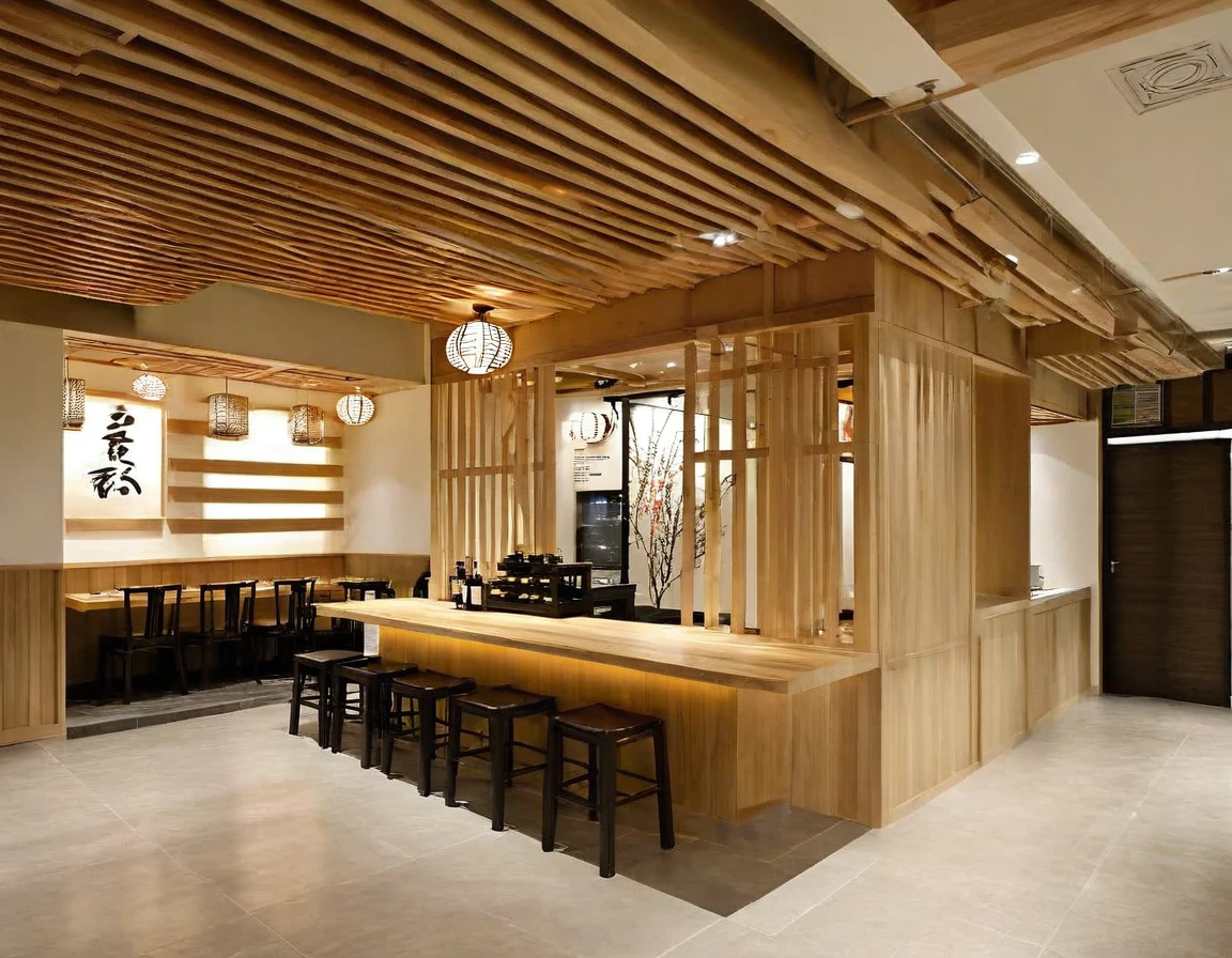 (MASTER INTERIOR DESIGNS), (GOOD DETAIL) An interior shot of a reception space in a ramen restaurant with a modern Japanese style. The space is decorated with Japanese details and has a white color scheme. The restaurant is inspired by the Hokkaido region of Japan and features mountain-themed decor. The space is well-lit and has a warm and inviting atmosphere.