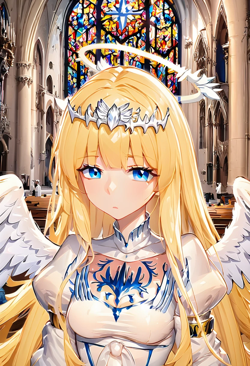 1angel,solo, calca, blonde hair, ,( extremely long hair:1.3), very long hair, extra long hair, white tiara, white dress, blue eyes,Calca Bessarez, medium breast,Calca, indoor, church, cathedral, stained glass, close up, upper body, (extremely large white wings:1.4), very big angel feature wings, halo