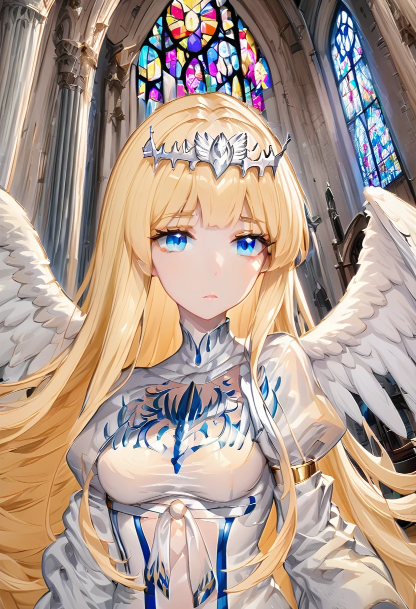 1angel,solo, calca, blonde hair, ,( extremely long hair:1.3), very long hair, extra long hair, white tiara, white dress, blue eyes,Calca Bessarez, medium breast,Calca, indoor, church, cathedral, stained glass, close up, upper body, (extremely large white wings:1.4), very big angel feature wings, halo