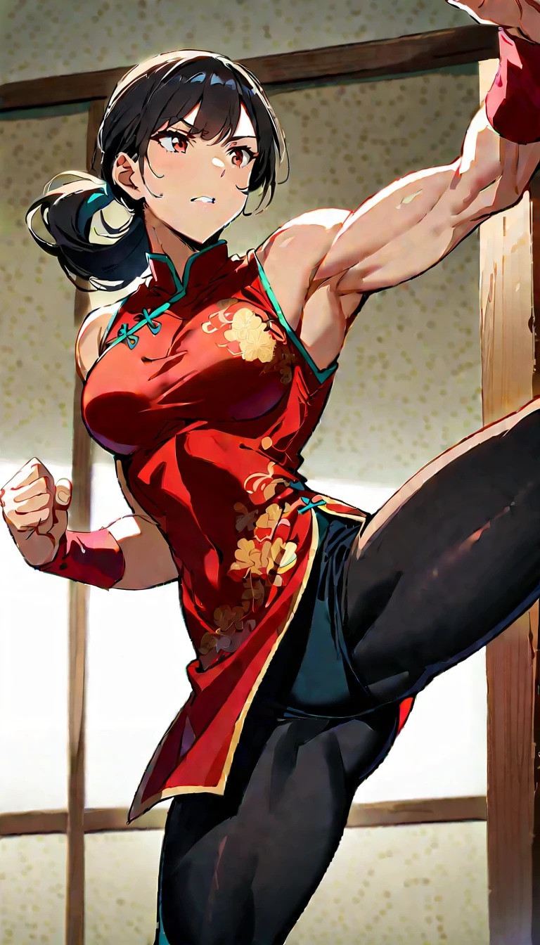 Boxing Match between muscular woman and doing a high kick, toned abs,muscular legs, no men in background , Chinese dress , and leggings ,portrait, empty dojo background