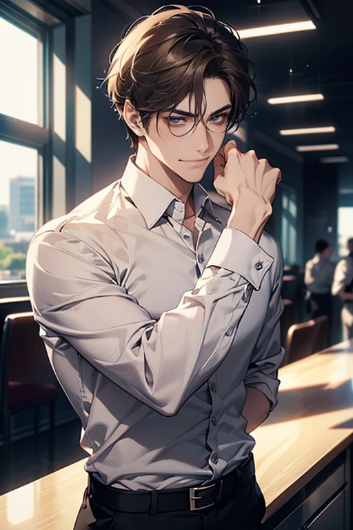 (tmasterpiece, high resolution, ultra - detailed:1.0), (1 male, masculine face, 31 years, CEO), Perfect male body, tall and strong, Adult male, Delicate eyes and delicate face, Extremely detailed CG, Unity 8k wallpaper, Complicated details, Detailed face, (short brown hair, short  hair, smile in love faces, blur eyes, white shirts,), (frown, smile in love:1.3), stad in corporativo, empresa, escritório style, color difference, Depth of field, dramatic shadow, Ray tracing, Best quality, Cinematic lighting, offcial art,Portrait