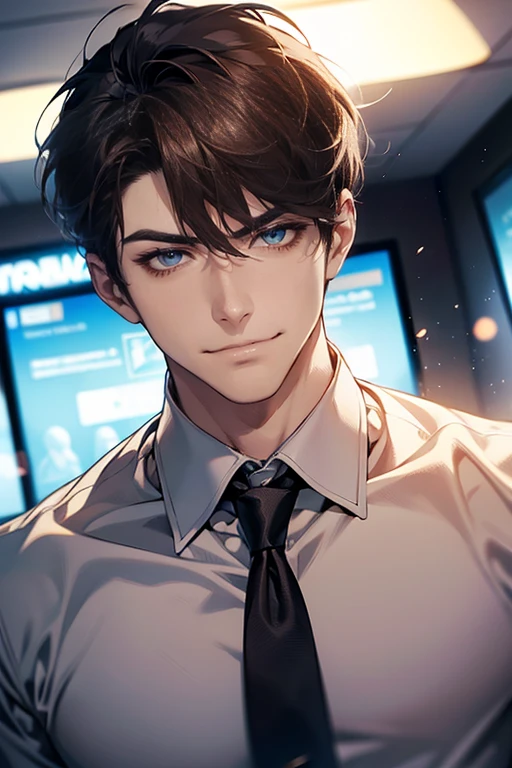 (tmasterpiece, high resolution, ultra - detailed:1.0), (1 male, masculine face, 31 years, CEO), Perfect male body, tall and strong, Adult male, Delicate eyes and delicate face, Extremely detailed CG, Unity 8k wallpaper, Complicated details, Detailed face, (short brown hair, short hair, smile in love faces, blur eyes, white shirts,), (frown, smile in love:1.3), stad in corporativo, empresa, escritório style, color difference, Depth of field, dramatic shadow, Ray tracing, Best quality, Cinematic lighting, offcial art,Portrait