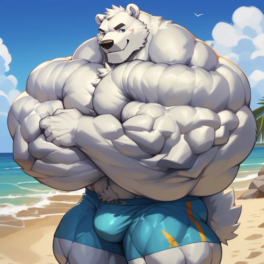 solo, 1boy, correct anatomy, perfect anatomy, (furry white bears, polar bear,) perfect proportion, big eyes, wide chest, bulky, bulk, bulge, happy. Huge Muscular Old man at the beach carrying a huge boulder with his muscles,(blue shorts), view from side, pectoral, thick arms, huge pectoral, huge white fur, wide pectoral, tropical beach background, masterpiece, semirealistic:1.2, high detailed, 8k, high resolution, perfect center, full view. ((really big muscle, massive muscular, sixpack, thick arms, wide pectoral, super huge muscle, hyper muscular, over sized muscle, huge arms, big arms, huge pectoral))