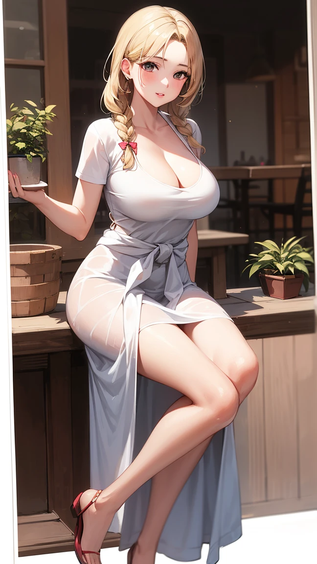 One girl, masterpiece, Highest quality, Very detailed, (figure), blonde Hair, Braiding, Parted bangs, View your viewers, Glossy Lips, Lips parted, Perfect lighting,, Cleavage, T-shirt maxi dress、Small waist、The whole body is visible、Huge breasts、ピクシーカット、