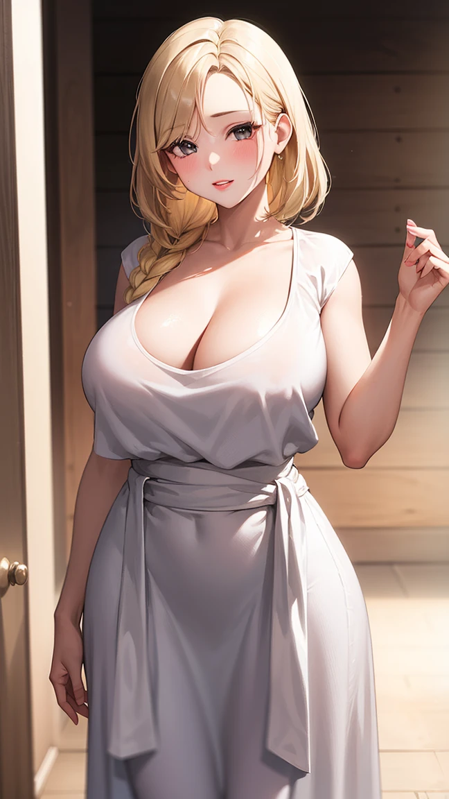 One girl, masterpiece, Highest quality, Very detailed, (figure), blonde Hair, Braiding, Parted bangs, View your viewers, Glossy Lips, Lips parted, Perfect lighting,, Cleavage, T-shirt maxi dress、Small waist、The whole body is visible、Huge breasts、ピクシーカット、