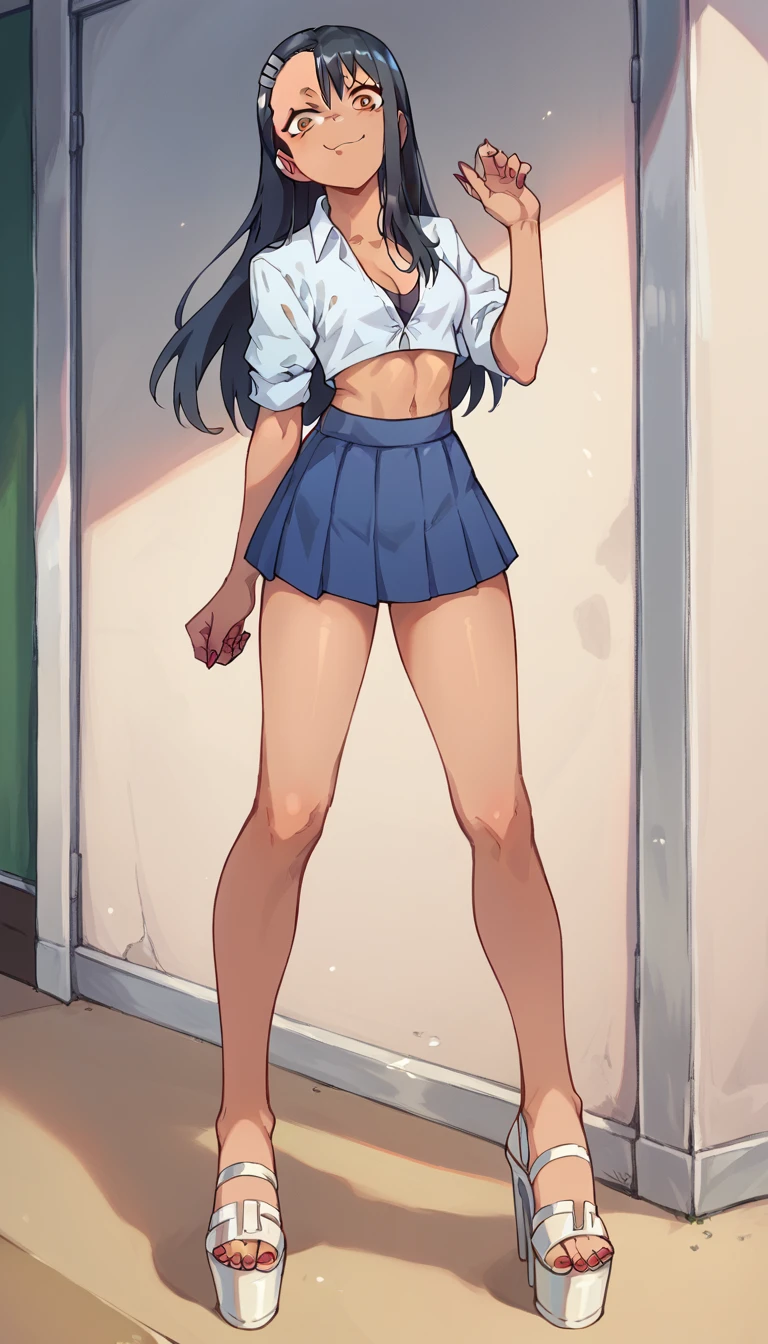 Hayase Nagatoro, unbuttoned crop-top, blue pleated skirt, clear open-toe platform high heels, red nails 