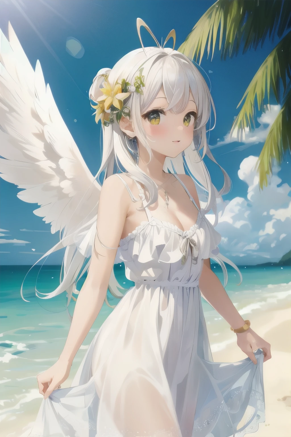 (masterpiece:1.2, best quality:1.1, highres,absurdres, high quality),(photorealistic:1.1),reflected light, colorful,ultra-detailed, ultra hd, super detailed, glowing, solo focus, angel, white hair, antenna hair,, yellow eyes, cute face, blush, long white dress, beach dress, angel halo, white wings,beach background