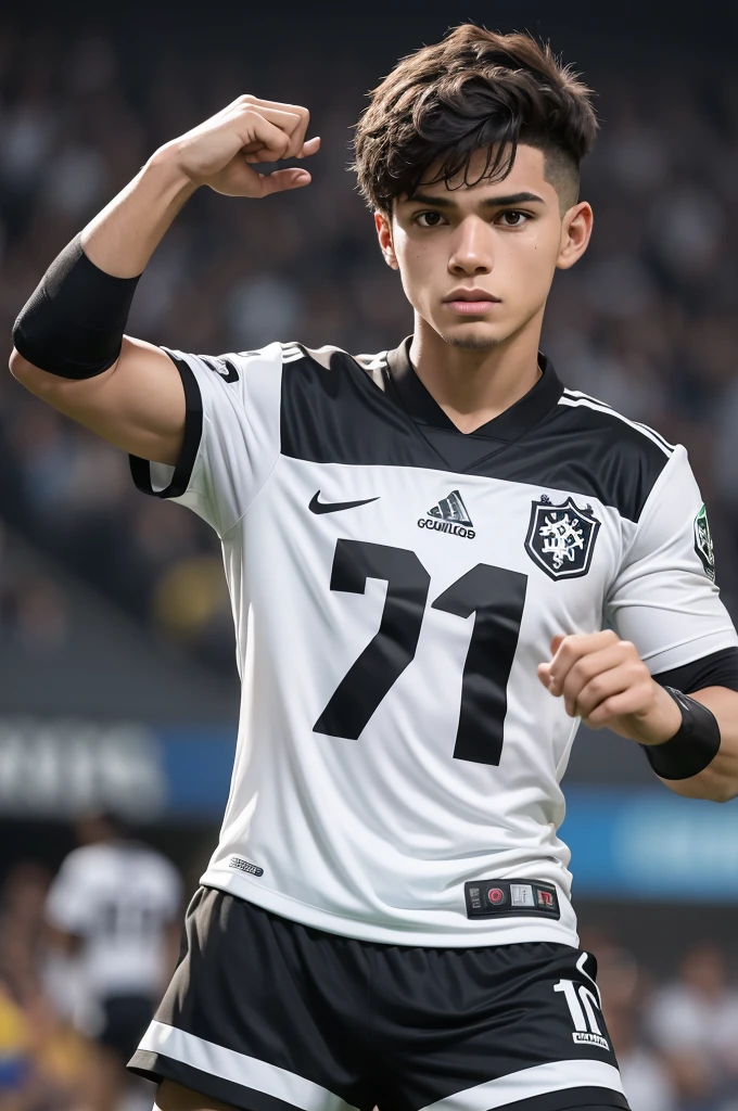 hawk dressed as a boy with a white and black football uniform printed with the letters CP of the Brazilian football team Corinthians