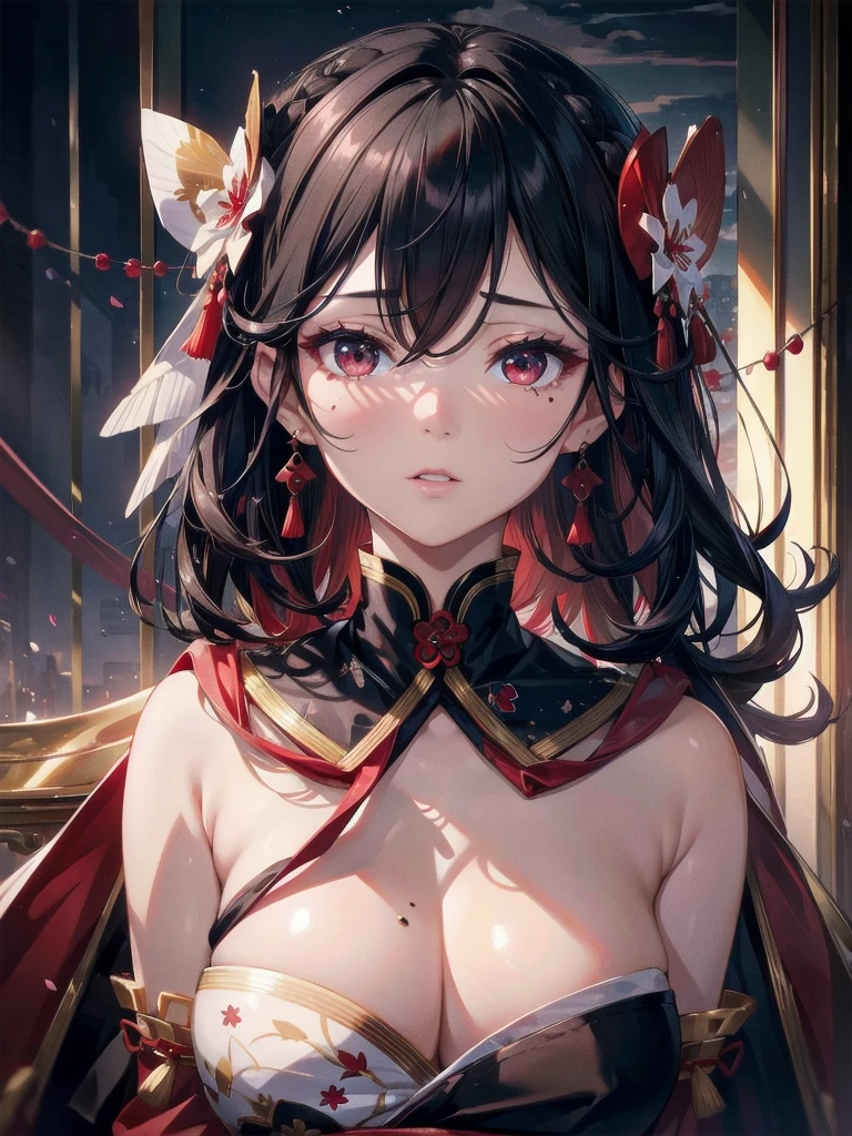 absurdres, RAW photo, extremely delicate and beautiful, masterpiece, Best Quality, ultra high resolution, 32k, hyperrealistic, ultra-detailed, delicate facial features, beautiful detailed woman, tearful mole, earring, medium breasts, full body shot, medium hair, black hair, wavy hair, red black costume, Onmyoji,