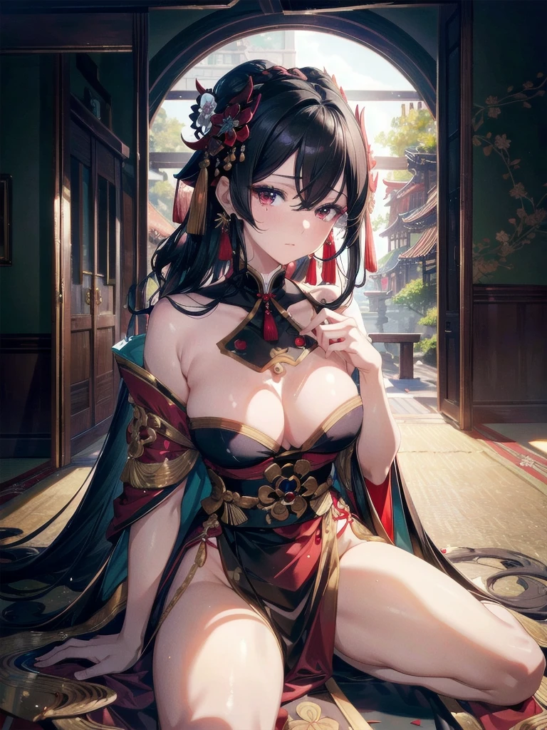 absurdres, RAW photo, extremely delicate and beautiful, masterpiece, Best Quality, ultra high resolution, 32k, hyperrealistic, ultra-detailed, delicate facial features, beautiful detailed woman, tearful mole, earring, medium breasts, full body shot, medium hair, black hair, wavy hair, red black costume, Onmyoji,