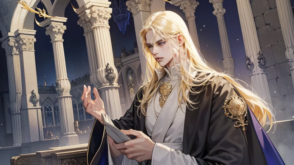Middle Ages, One, Castlevania Lord handsome, a thin man heads a monastery, beautiful robe, white fabric clothes, A cross hangs around my neck, priest, dynamic pose, super detailed face, long hair, blonde hair, Sharp facial features, adult, handsome man, heavenly eyes, beautiful hands, in a beautiful garden, gothic windows, church, deep light, detailed face, A thoughtful look , beautiful fingers