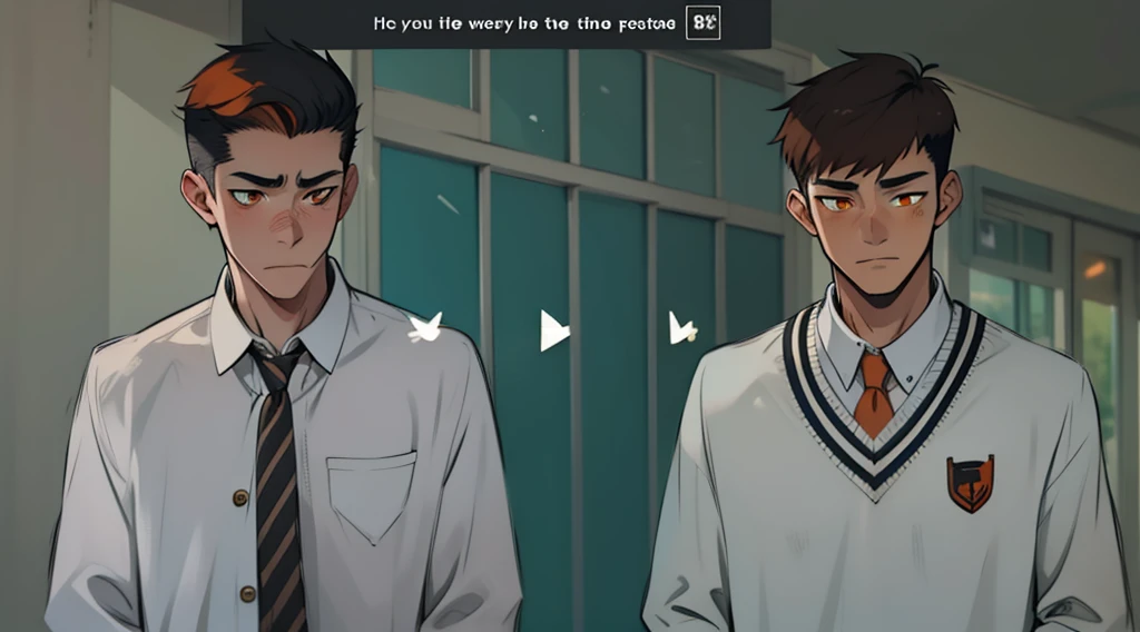 two young men of 18 years walk sad worried thoughtful through high school orange hair orange eyes