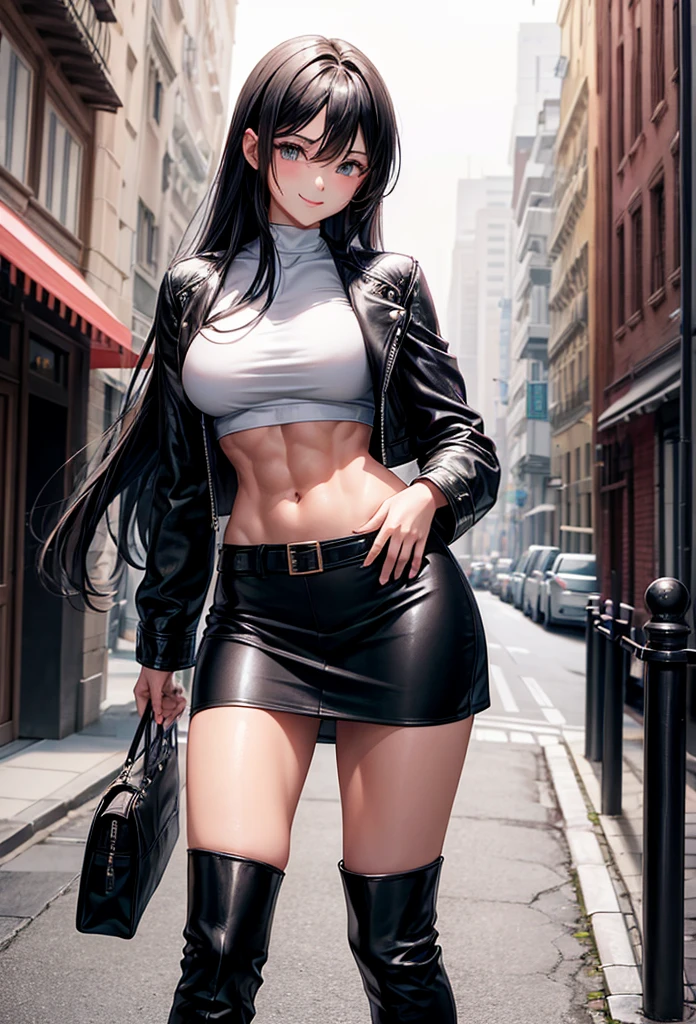 beautiful girl、Big Breasts、Black Hair、long hair、Muscular、Abdominal muscles、Toned Legs、leather jacket、White Crop Top、skirt、Knee Boots、Are standing、The whole body is visible、Around town、A gentle smile、model、One girl