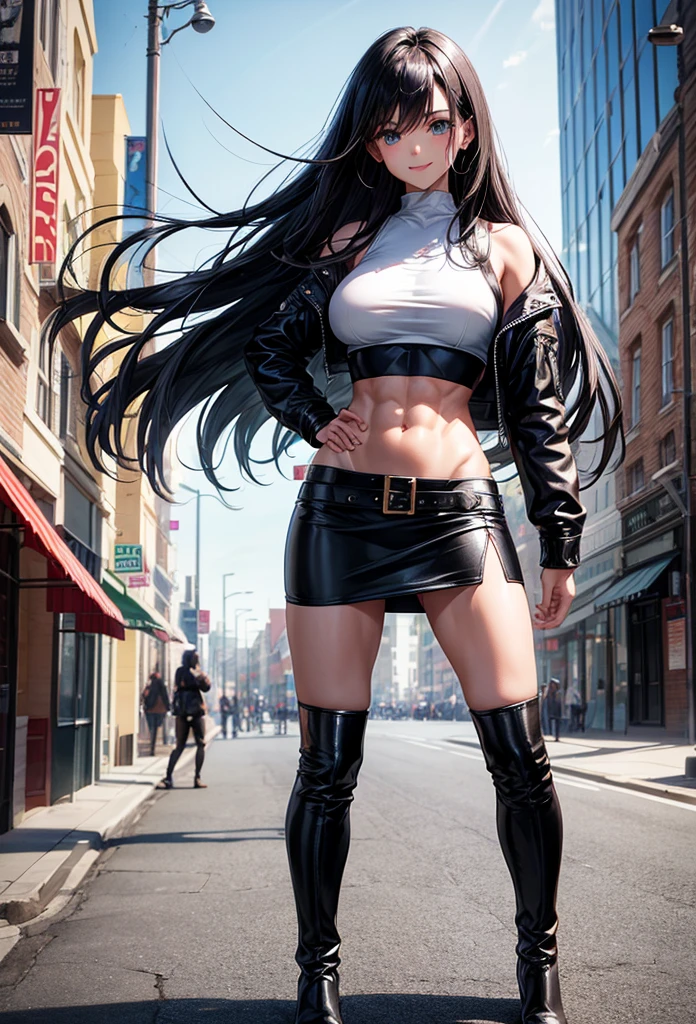 beautiful girl、Big Breasts、Black Hair、long hair、Muscular、Abdominal muscles、Toned Legs、leather jacket、White Crop Top、skirt、Knee Boots、Are standing、The whole body is visible、Around town、A gentle smile、model、One girl
