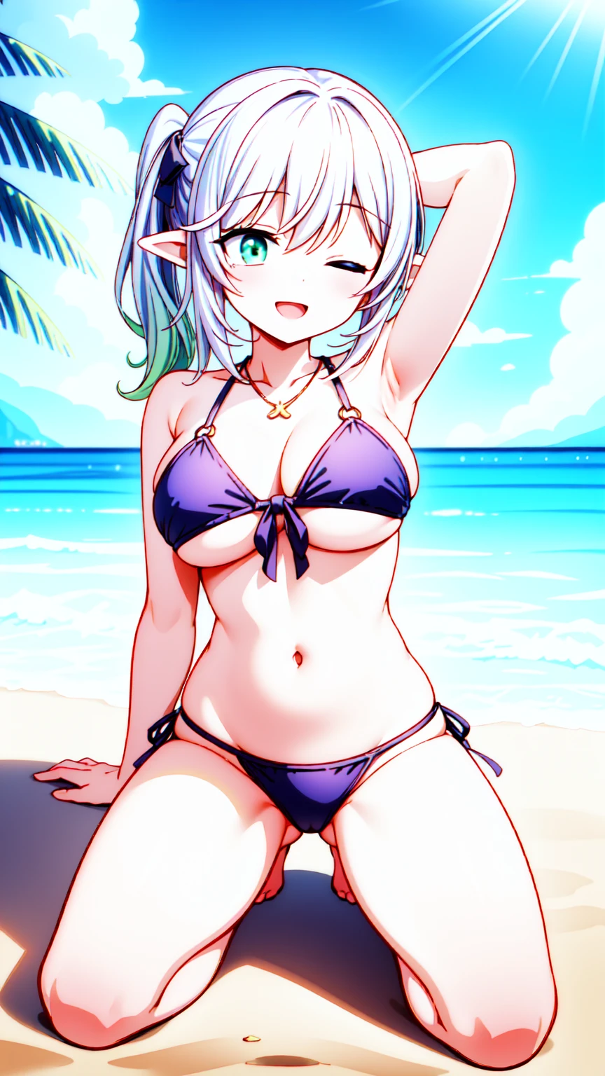 1girl,masterclass,best quality, illustration, solo, large breast, nahidadef, ;), smile, one eyes closed,bare_shoulders,beach,blue_sky,blush,breasts,cloud,front-tie_bikini_top,front-tie_top,full_body,navel,necklace,o-ring,o-ring_bikini,ocean,on_ground,outdoors,seiza,sitting,spread legs,sky,stomach,sunlight,swimsuit,arm up, arm behind head, armpits