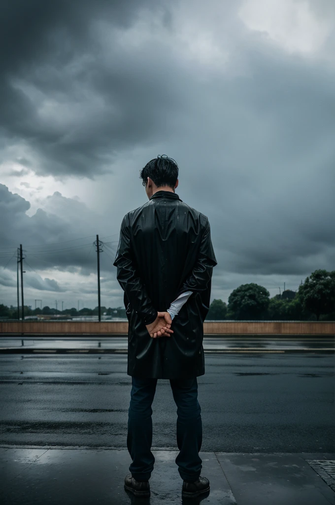 Alone sad boy standing in rain and seeing the sky and crying