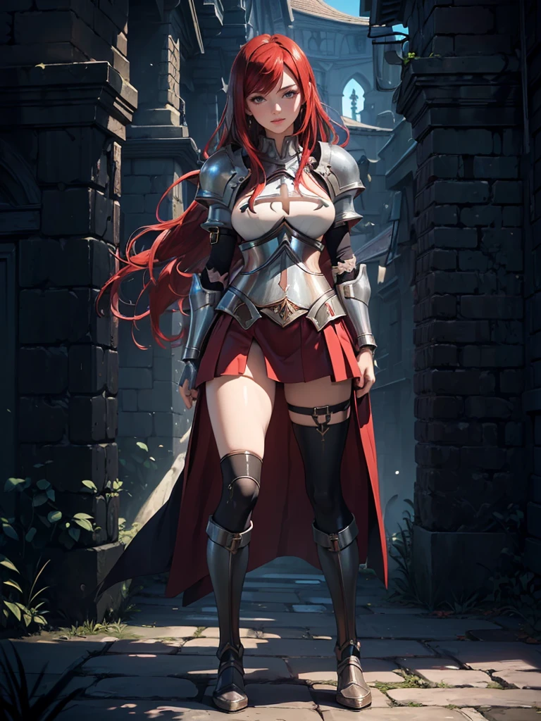 ((1girl, solo)), beautiful body, (perfect anatomy, perfect body, perfect hands, perfect legs), (five fingers:1.5), natural proportions, sexy body, large breasts, cowboy shot BREAK
((extremely detailed face)), (beautiful detailed eyes:1.6), (realistic pupils, realistic iris:1), expressive eyes, looking at viewer, (clear eyes:1.3), (hyperrealistic:1.2), (detailed skin texture:1.2), smooth skin, (red hair:1.5), brown eyes, long hair, hair over one eye, (detailed lips:1.2), (attractive lips:1.1), (glossy lips:1.1), (smile), perfect face, perfect eyes BREAK
female knight, long sleeves, (fantasy armor:1.5), cleavage, (breastplate:1.3), (shoulder armor:1.2), (arm guard:1.3), armor gloves, (micro mini skirt:1.5), zettai ryouiki, thighs, thighhighs, (greaves:1.3), armored boots, belt BREAK
(outdoors:1.5), (day:1.3), town, trees, (shade of trees:1.2), medieval, (fantasy setting:1.5) BREAK
(masterpiece:1.5), anime-style, top quality, best quality, (beautiful and aesthetic:1.2), (ultra detail:1.5), Ultra-detailed depiction, Ultra-precise depiction, extremely detailed 8k illustration, high resolution, (highly detailed shading:1.2), (realistic lighting:1.4), perfect lighting, vibrant colors, dynamic tones, striking hues, 8k, absurd resolution, perfect shadows, hdr, UHD, ambient lighting, realistic, ultra-realistic, photo realistic, highly detailed, rich detail, luminous colors, fine texture, intricate design, professional illustration, (soft light:1.2), (illustration:0.7)