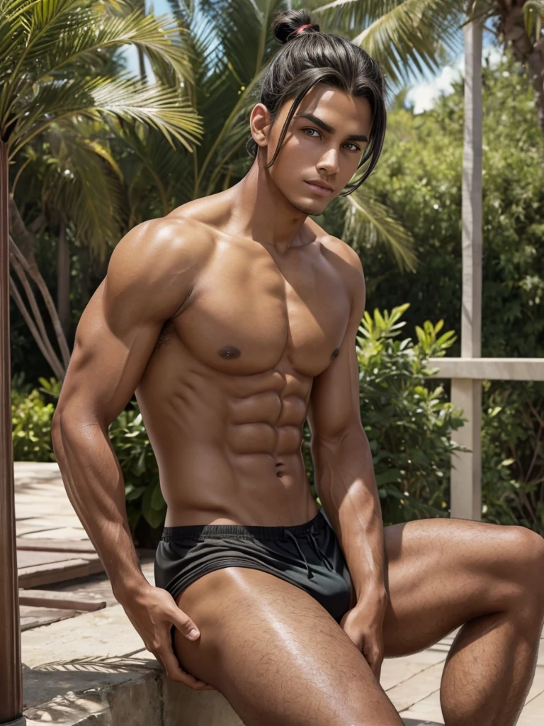 (best quality), 1boy, male, bronze skin, black hair, short hair, Man Bun, side swept bangs, long hair, green eyes, perfect eyes, tan lines, athletic, masterpiece, anatomically correct, highres
